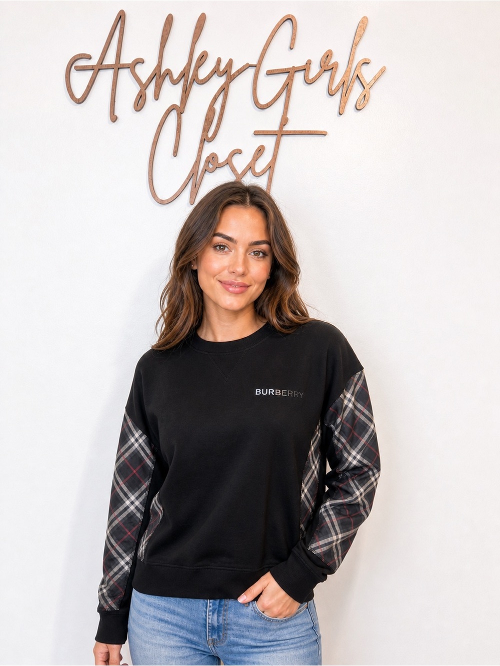 Burberry Black Sweater with Plaid Sleeves